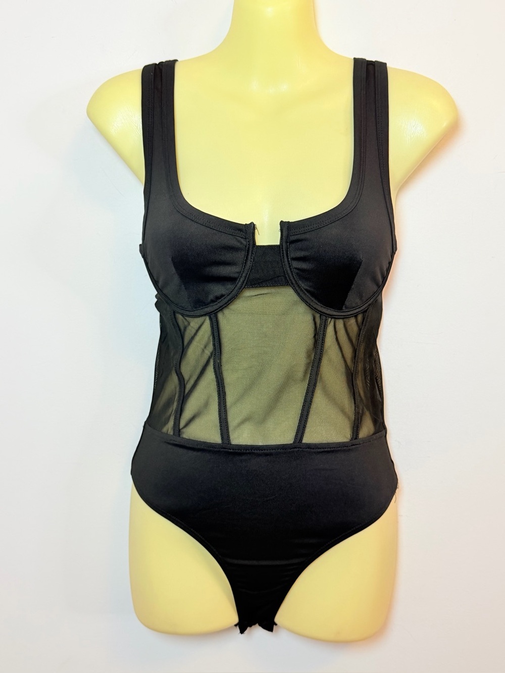 Fashion Nova Sheer-Panel Underwire Bodysuit - Black